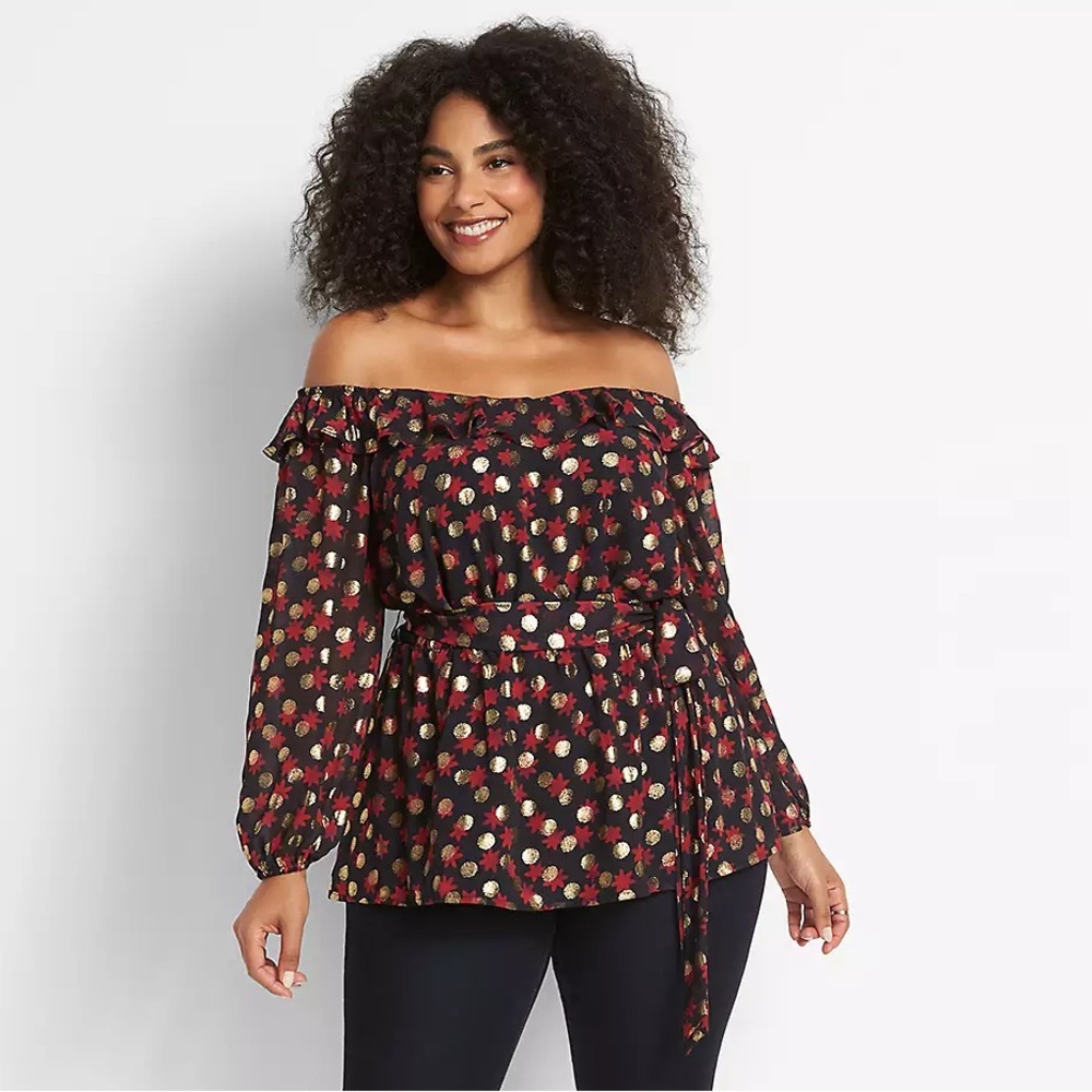 Lane Bryant Red Gold Metallic Print Off The Shoulder Ruffle Blouse 18 Petite